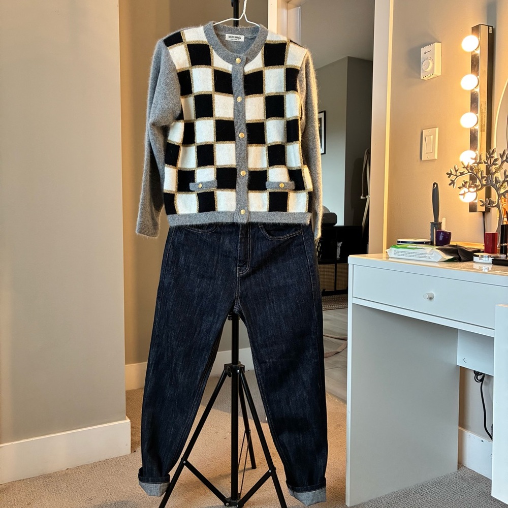 Angora Gray and Black Checkered Cardigan